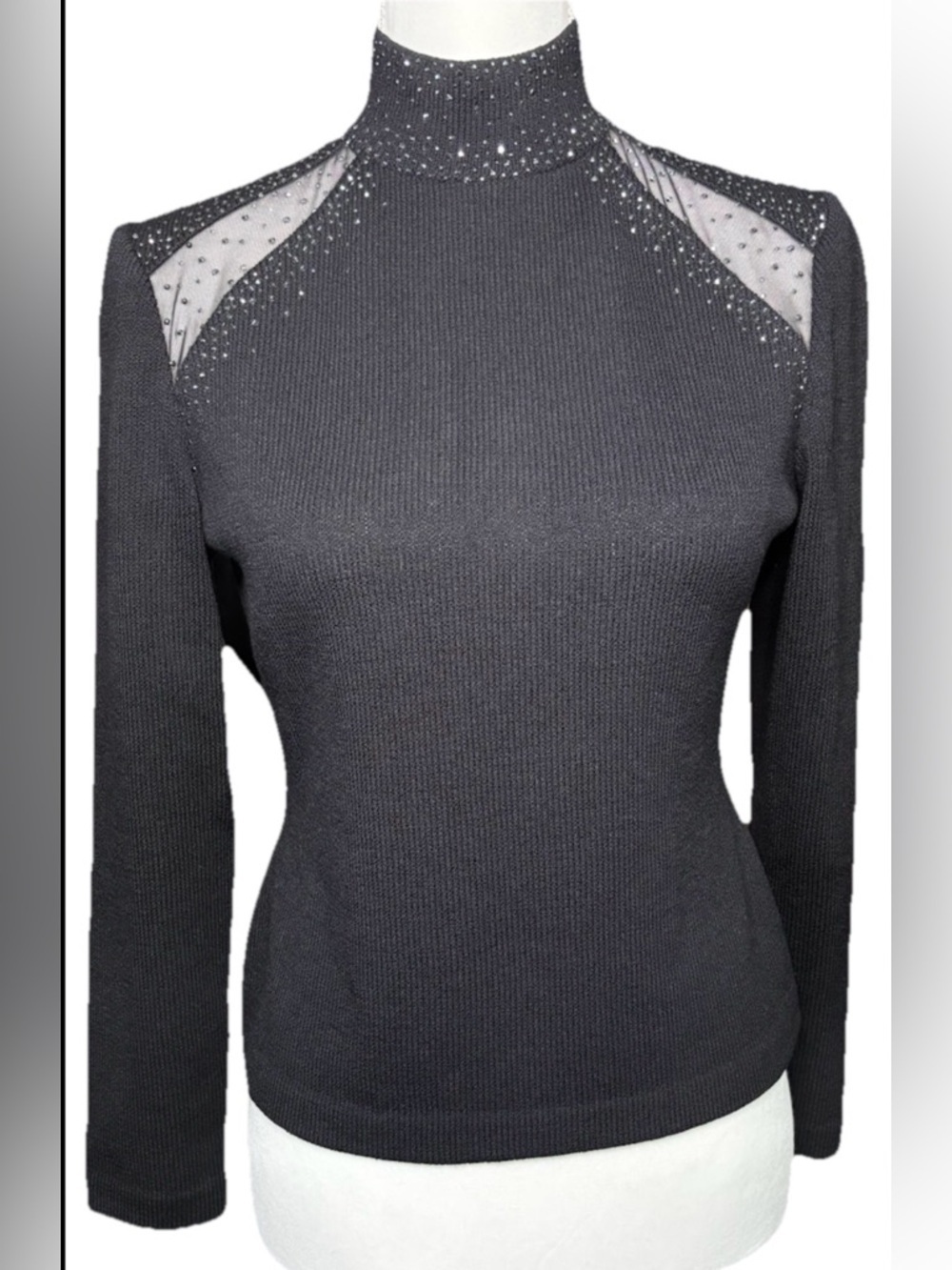 St John Black Rhinestone Knit Top Mesh Shoulder Mock Neck Size 2
